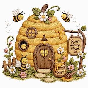 Puede incluir: Una ilustración caprichosa de una colmena amarilla con una puerta de madera y una ventana en forma de corazón. Dos abejas vuelan alrededor de la colmena, y un letrero dice "Sweet Honey Home". La escena incluye flores, un tarro de miel y una valla de madera.