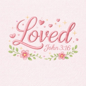 Pode incluir: Design bordado em rosa sobre fundo rosa claro. A palavra "Loved" está em itálico, com o texto "John 3:16" abaixo. O design inclui corações, estrelas e elementos florais.