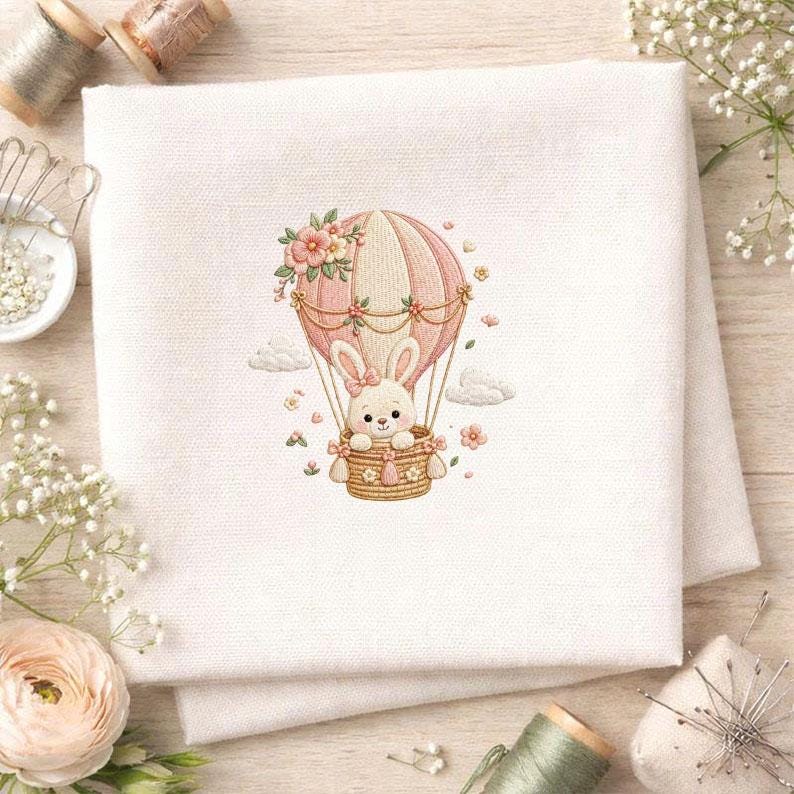 Baby Bunny Hot Air Balloon Embroidery Design, Cute Nursery Embroidery ...