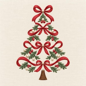 Puede incluir: Un diseño bordado de un árbol de Navidad formado por cintas rojas, ramas de pino verdes, pequeñas cuentas blancas y bayas rojas. El árbol presenta cuatro niveles de lazos rojos con un tronco bordado marrón sobre un fondo de tela crema.