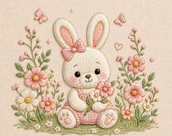Cute Bunny Floral Embroidery Design, Baby Bunny with Flowers, Pastel Spring Bunny Embroidery File, Nursery Decor Embroidery, Bunny Flowers