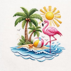 May include: Embroidered tropical island scene with a pink flamingo, palm trees, a beach ball, and a yellow sun. The artwork depicts a sunny day at the beach with blue water and a starfish.
