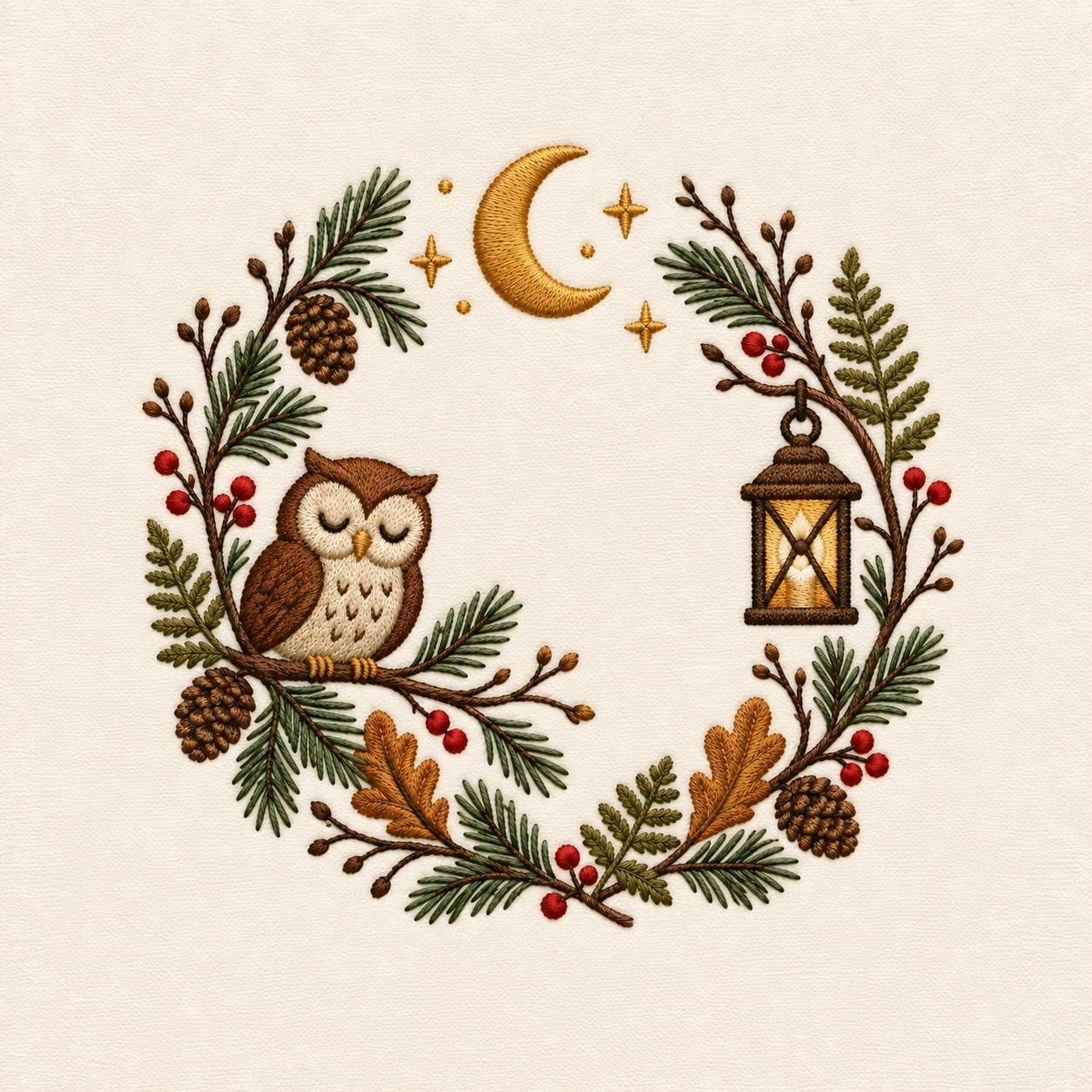 Christmas Owl Wreath Embroidery Design, Woodland Owl Crescent Moon Lantern, Winter Botanical Machine