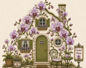 Motif de broderie cottage orchidée, motif de broderie floral maison cottage, fichier de broderie Machine maison orchidée violette PES DST