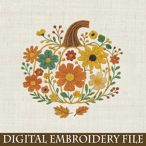 Floral Pumpkin Embroidery Design, Colorful Autumn Flowers Pattern Machine Embroidery File, Instant Download Dst Pes Exp Jef Vp3...