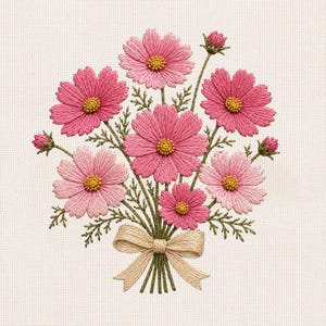 May include: An embroidery design featuring a bouquet of pink cosmos flowers with yellow centers, green stems, and feathery leaves. The stems are gathered together and tied with a beige ribbon bow, all stitched onto a light cream fabric background.