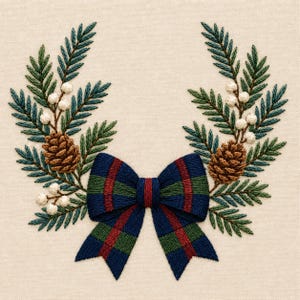 May include: An embroidery design featuring two symmetrical branches of green pine needles, brown pinecones, and small white berries. At the base, a large fabric bow with a navy blue, forest green, and dark red plaid pattern is centered.