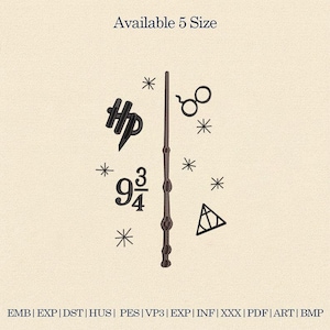 Pode incluir: Num fundo bege, um desenho a traço preto de uma varinha, óculos, estrelas, as letras "HP", o número "9 3/4" e um triângulo. O texto "Available 5 Size" está no topo. As abreviações dos tipos de arquivo estão na parte inferior.