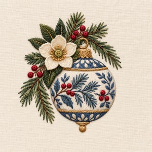 May include: An intricate embroidery design featuring a round Christmas ornament in white and blue with gold accents. The ornament is decorated with blue pine branches and red berries, topped with a white flower, green leaves, and pine needles.