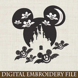 May include: Black Mickey Mouse silhouette with a castle, moon, and bats. White ghost-like figures are inside the ears. The words "DIGITAL EMBROIDERY FILE" are at the bottom. This design is perfect for Halloween.