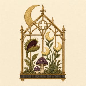 Gothic Moon Garden Machine Embroidery Design, Venus Flytrap Mushroom and Crescent Flowers, Witchy Digital File