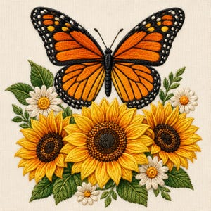 Monarch Sunflower Embroidery Design, Butterfly and Daisy Machine Embroidery File, Summer Floral PES DST