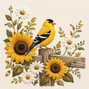 May include: Embroidered artwork depicting a yellow bird with black and white markings on a wooden fence. The design includes sunflowers, daisies, and green leaves, all stitched on a cream-coloured fabric background.