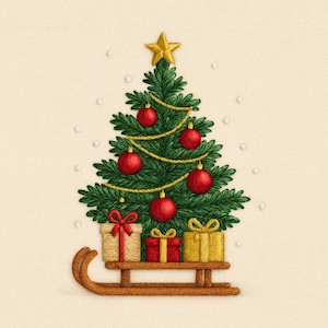May include: Embroidered Christmas tree with red baubles, a gold star, and garland. The tree sits on a wooden sled with wrapped gifts. The background is cream with small white dots.