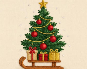 Christmas Tree with Red Ornaments on a Sleigh Machine Embroidery Design, Christmas PES File, Holy Family Embroidery, 5 Sizes