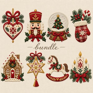 Puede incluir: Una colección de ocho parches bordados con temática navideña que incluye un corazón, un cascanueces, una bola de nieve, un guante con un bastón de caramelo, una casa de jengibre, una estrella, un caballito balancín y tres velas, con el texto bundle.