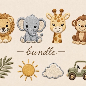 May include: A digital embroidery design set featuring a lion, elephant, giraffe, and monkey, along with a palm leaf, sun, cloud, and off-road vehicle. The word bundle is written in a cursive script in the centre of these eight stitched icons.