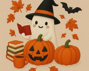Halloween Ghost Embroidery Design, Cute Pumpkin Witch Machine Embroidery File, Spooky Fall Embroidery Pattern, Instant Download, 5 sizes