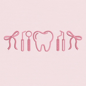 May include: Pink embroidered design featuring dental tools, a tooth, and bows. The design includes a dental mirror, a dental probe, and a tooth. The bows are on each end of the design. The background is a light pink.