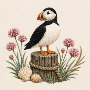Könnte beinhalten: Eine Stickerei, die einen Papageientaucher mit schwarzem, weißem und orangefarbenem Gefieder zeigt, der auf einem braunen, mit Seil umwickelten Holzpfosten steht. Das Motiv umfasst rosa Grasnelken an grünen Stielen und zwei beige Muscheln.