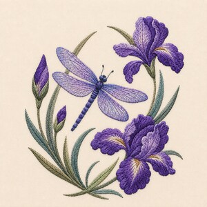 May include: An embroidery design featuring a central purple dragonfly with detailed wings, surrounded by two blooming purple iris flowers, two closed iris buds, and slender green leaves, all stitched onto a light cream fabric background.
