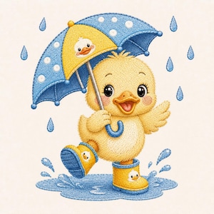 Puede incluir: Imagen bordada de un patito amarillo con botas de agua amarillas y un paraguas azul y amarillo con lunares blancos. El patito está en un charco con gotas de lluvia cayendo.