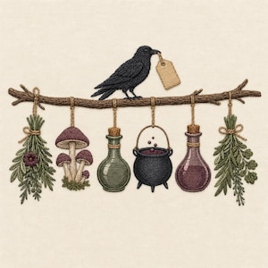 May include: An embroidery design featuring a black crow perched on a branch, holding a blank rectangular tag. Hanging from the branch are two bundles of green herbs, a cluster of three purple mushrooms, two glass bottles, and a black cauldron.