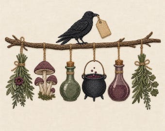 Raven Witch Apothecary Machine Embroidery Design, Gothic Potion Bottles and Mushroom, Halloween Embroidery File, Instant Download