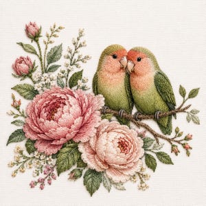 May include: Embroidered artwork featuring two lovebirds perched on a branch, with a backdrop of pink peonies, buds, and delicate white flowers. The birds have green and peach plumage. The piece is set against a white fabric background.