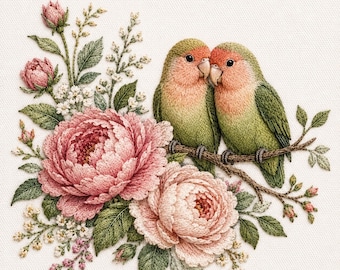 May include: Embroidered artwork featuring two lovebirds perched on a branch, with a backdrop of pink peonies, buds, and delicate white flowers. The birds have green and peach plumage. The piece is set against a white fabric background.