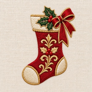 May include: A red embroidered Christmas stocking featuring a white cuff, a gold-trimmed red bow, and green holly leaves with red berries. The stocking is decorated with gold floral embroidery and three red berries in the center of the design.
