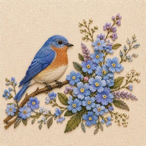 May include: An embroidered image of a bluebird on a branch, with blue and purple flowers. The bird has blue feathers, an orange breast, and a beige belly. The flowers have yellow centres and green leaves, all on a beige background.