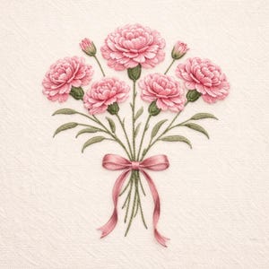 May include: Embroidered bouquet of pink carnations with green stems and leaves, tied with a pink ribbon. The flowers are in full bloom, with detailed petals. The background is a textured, off-white fabric.