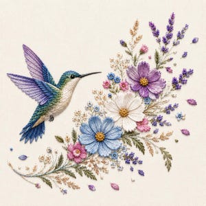 Op de afbeelding: Geborduurd kunstwerk met een kolibrie met blauwe, paarse en groene veren, zwevend bij een cluster van kleurrijke bloemen. De bloemen zijn blauw, paars, roze en wit, met gedetailleerde steken op een crèmekleurige achtergrond.