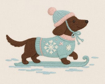 Könnte beinhalten: Gesticktes Bild eines braunen Dackels, der einen hellblauen Pullover mit Schneeflockenmuster und eine passende Mütze mit rosa Bommel trägt. Der Hund sitzt auf einem hellblauen Schlitten, mit hellem Hintergrund.