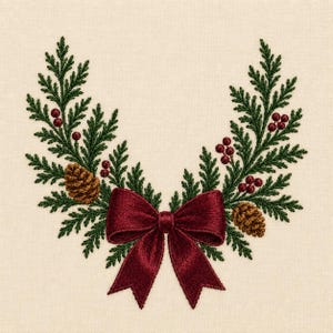 May include: An embroidery design featuring two symmetrical evergreen branches curving upward, adorned with small red berries and brown pinecones. A large, deep red fabric bow is positioned at the center base, connecting the two branches.