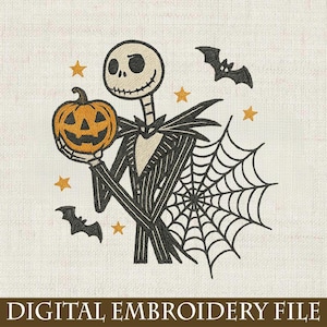 May include: An embroidered design featuring a skeletal figure in a pinstripe suit holding an orange jack-o'-lantern. The design includes bats, stars, and a spiderweb. The text "DIGITAL EMBROIDERY FILE" is at the bottom.