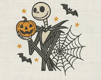 Halloween Skeleton Embroidery Design, Jack Skull with Pumpkin Embroidery Digitizing Machine Embroidery Files, 5 Sizes, Instant Downloads