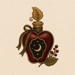 Puede incluir: Un diseño bordado de una botella en forma de corazón en rojo oscuro con un tapón y una hoja dorados. El centro presenta un escudo negro con una luna creciente y estrellas. Una cinta dorada está atada al cuello, con bayas rojas y una hoja.