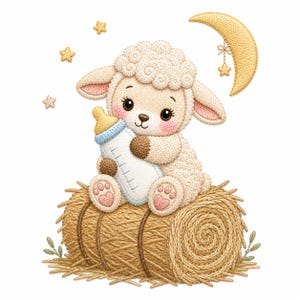 Può includere: Illustrazione di un simpatico agnello dei cartoni animati che tiene in mano un biberon, seduto su una balla di fieno. L'agnello è color crema con dettagli rosa, circondato da stelle e una luna crescente. Tema: neonato e cameretta.