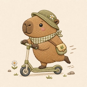 May include: An embroidered illustration of a capybara on a green scooter. The capybara is wearing a green hat with a flower, a checked scarf, and a small bag. The background is a light beige colour, with grass and a daisy.