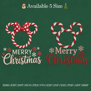 Könnte beinhalten: Zwei weihnachtliche Designs auf grünem Hintergrund. Eines zeigt einen Mickey Mouse-Kopf aus Zuckerstangen mit Schleife, das andere einen Mickey Mouse-Kopf. Beide sagen "Merry Christmas" mit Schneeflocken.