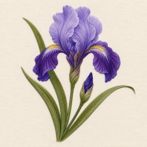 May include: An intricate embroidery of a purple iris flower with detailed petals in shades of violet and deep blue, featuring yellow and white accents at the center, accompanied by a closed bud and long, slender green leaves on a cream background.
