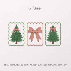 May include: Embroidered Christmas designs featuring a green Christmas tree with a pink bow, and a pink bow. The designs are framed in a scalloped edge. The text "5 Size" is at the top. Embroidery file formats are listed at the bottom.