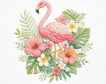 Diseño de bordado de flamenco, patrón floral tropical de verano, archivo de bordado a máquina de flamenco rosa, bordado con ambiente playero, flor de hibisco
