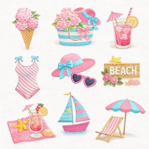 Könnte beinhalten: Eine Sammlung von Stickereien zum Thema Sommer. Enthält eine rosa Eistüte, eine gestreifte Strandtasche mit Blumen, einen Cocktail, einen Badeanzug, einen Sonnenhut, herzförmige Sonnenbrillen, ein "Beach"-Schild, ein Segelboot und einen Strandstuhl mit Sonnenschirm.