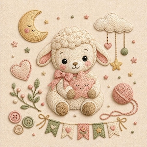 Può includere: Scena ricamata per la cameretta con un agnello che tiene una stella. L'immagine include una luna sorridente, stelle, una nuvola con cuori e stelle appese, un gomitolo di lana e uno striscione. La tavolozza dei colori è tenue, con accenti crema, rosa e verdi.
