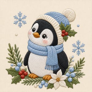 Könnte beinhalten: Ein gesticktes Motiv eines Pinguins mit schwarz-weißem Körper, der eine blaue Strickmütze mit cremefarbenem Bommel und einen passenden blauen Schal trägt. Der Pinguin ist umgeben von grünen Stechpalmenblättern, roten Beeren, blauen Beeren und Schneeflocken.