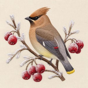 May include: An embroidery design featuring a cedar waxwing bird with a crest, brown and gray plumage, and a yellow-tipped tail. The bird is perched on a brown branch with white-frosted twigs and clusters of round, textured red berries.