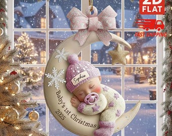 Gepersonaliseerde baby's eerste kerstornament, aangepaste maan acryl aandenken, kerstcadeau voor jongens en meisjes, kerstcadeau, kraamcadeau